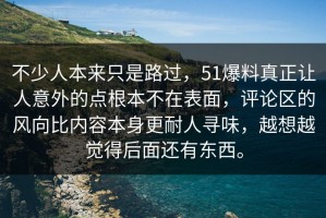 不少人本来只是路过，51爆料真正让人意外的点根本不在表面，评论区的风向比内容本身更耐人寻味，越想越觉得后面还有东西。