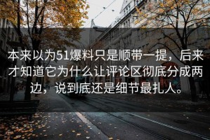 本来以为51爆料只是顺带一提，后来才知道它为什么让评论区彻底分成两边，说到底还是细节最扎人。